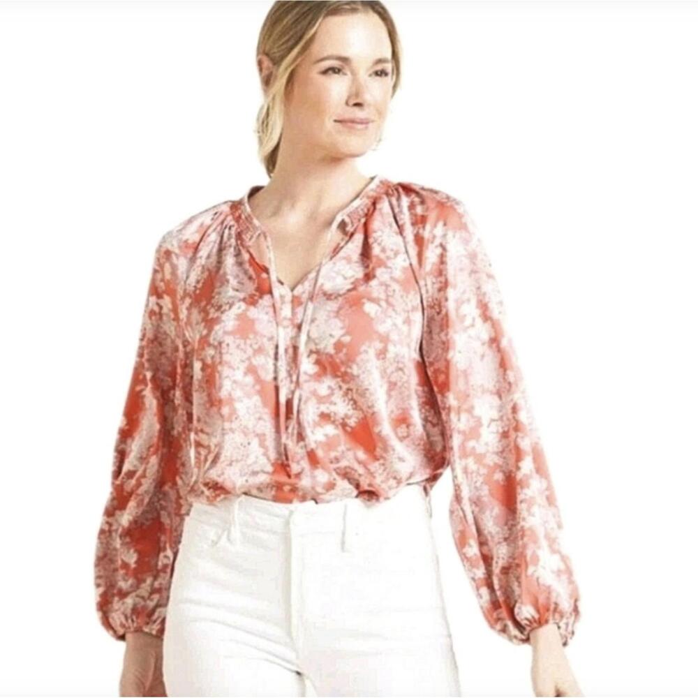 Evereve Pink Mixed Pattern Kiera Satin Smocked Long Sleeve Blouse - Size - XS